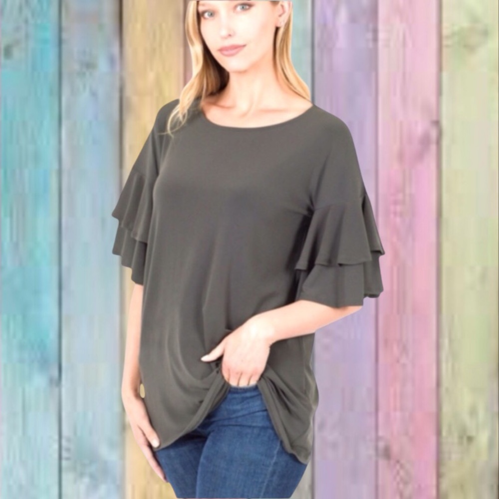 Zenana Ash Gray Double Ruffle Sleeve Drop Shoulders Top NWT - Picture 1 of 8